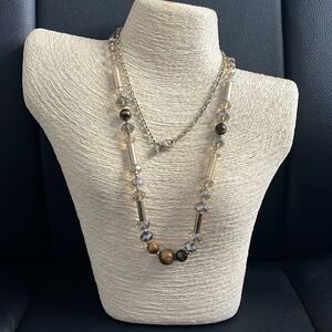 LOFT Brown tiger eyes stones and tan crystals long necklace 36”